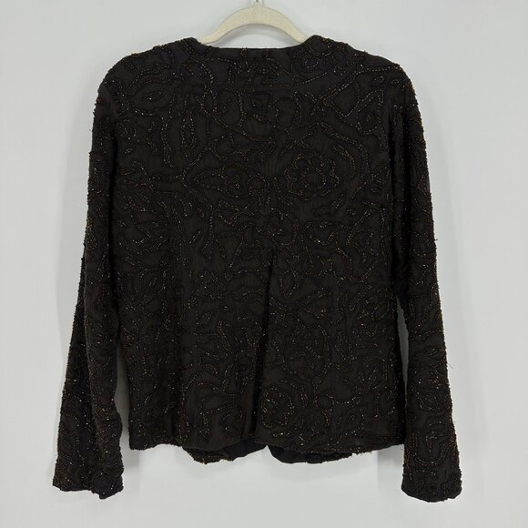 Chicos Beaded Jacket Embellished Collarless Button Down Brown Cotton Long Sleeve - Picture 2 of 7